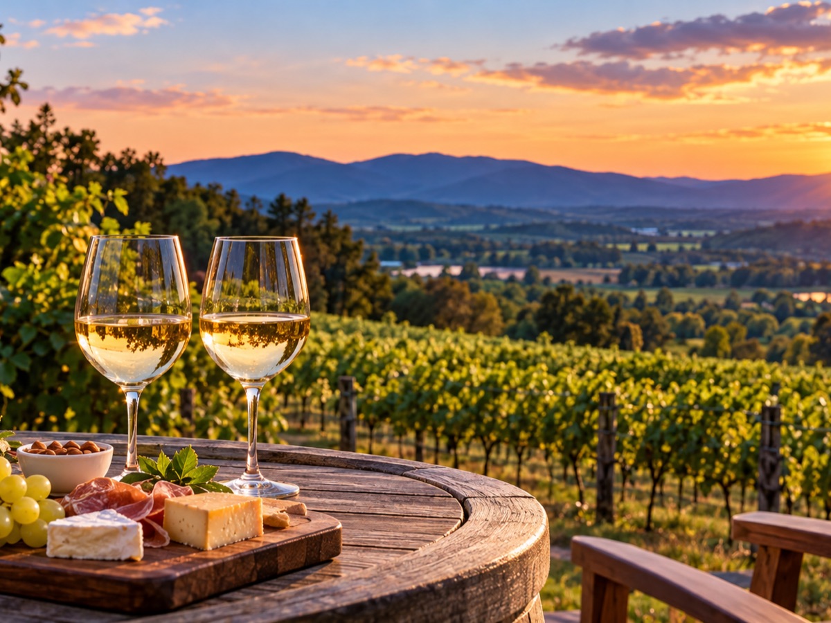 Two glasses of white wine overlooking a vineyard at sunset