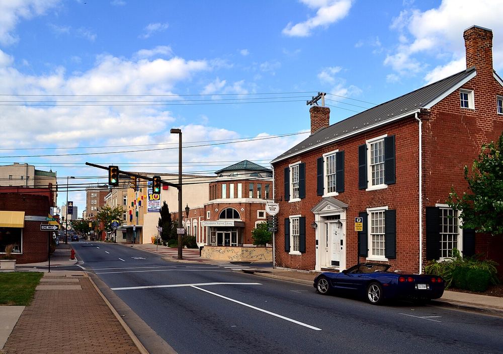 Historic brick buildings along Main Street in downtown Harrisonburg, Virginia