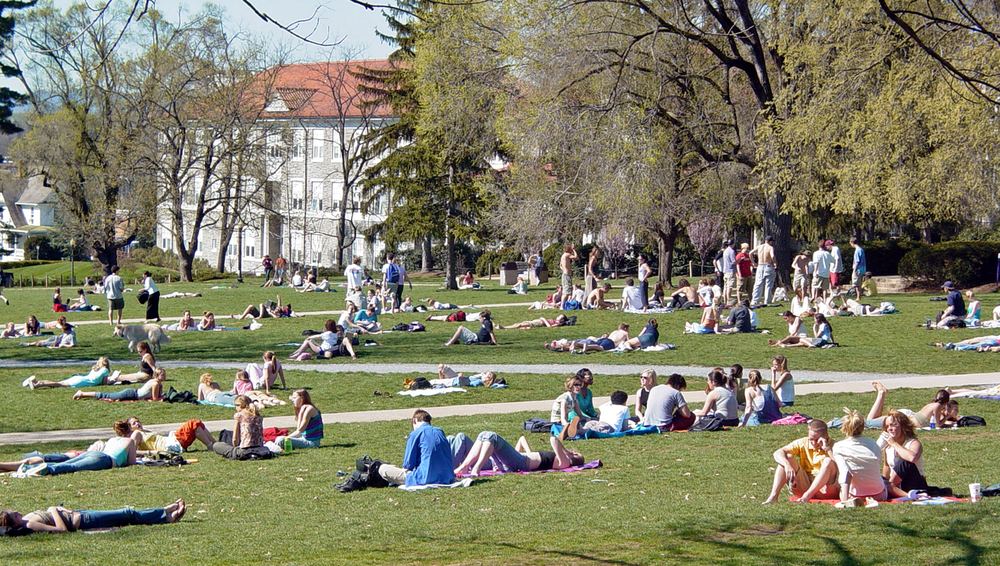 Students relaxing on the sunny quad at James Madison University