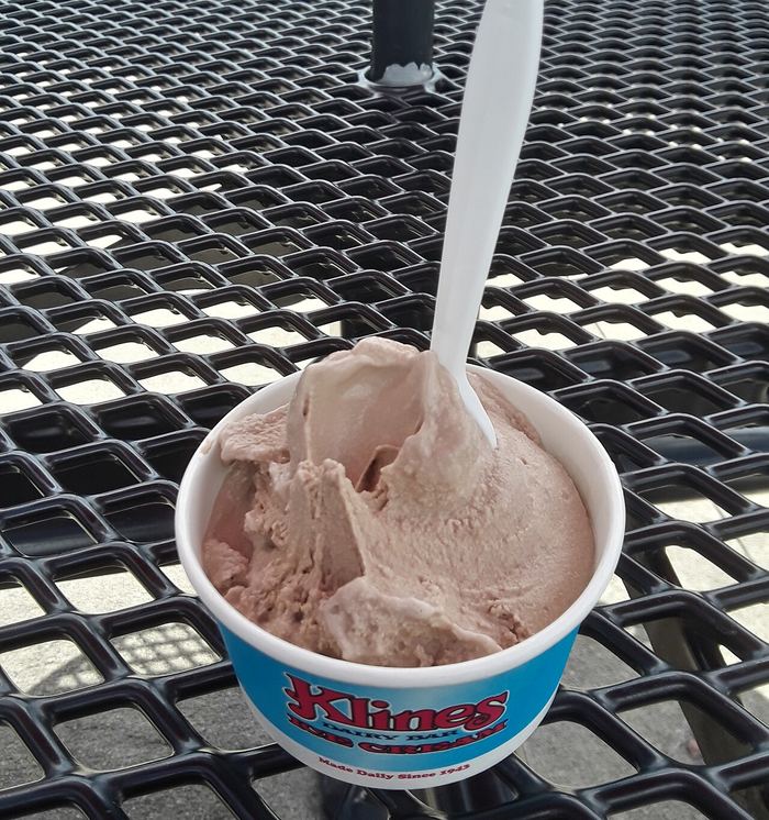 A cup of rich frozen custard with a spoon, in a Kline's Dairy Bar cup