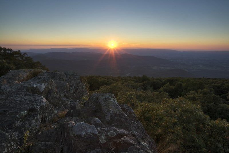 Sunset over the ridgelines of the Shenandoah Valley from Blackrock in Shenandoah National Park