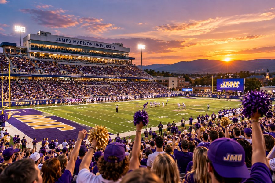 JMU game day at sunset, with fans in purple and gold cheering in the stadium