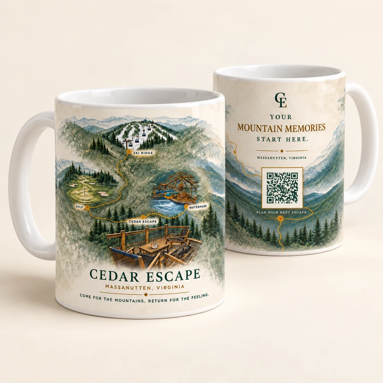 Cedar Escape mountain-map mug, shown front and back